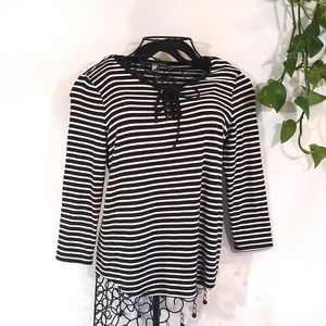 Black and White Stripe Sailor Tie Front Boho Shirt